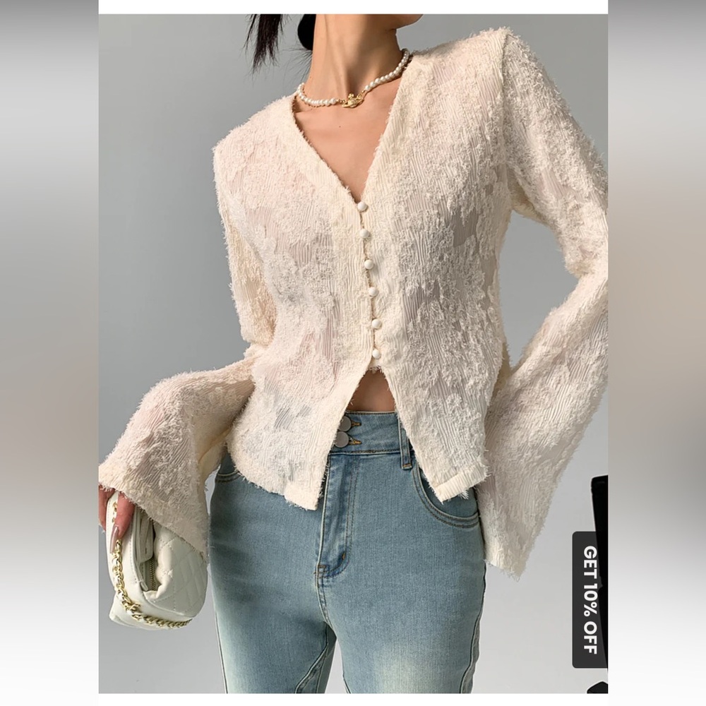 Commense Apricot V-Neck Ruffle Long Sleeve Blouse XL